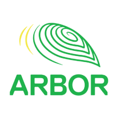 A stylized green leaf with concentric line designs and the word "ARBOR" beneath it.