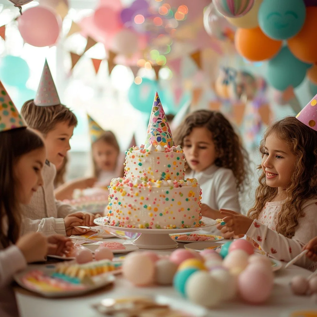 Children celebrating a birthday party with a large, colorful, sprinkles-covered cake, balloons, party hats, and presents.