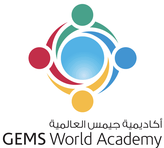 Logo for GEMS World Academy featuring five stylized human figures in green, red, blue, yellow, and blue arranged around a central blue circle.