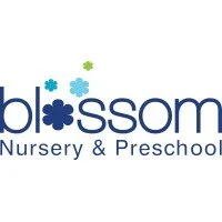 Logo for Blossom Nursery & Preschool with blue, green, and teal flower graphics.