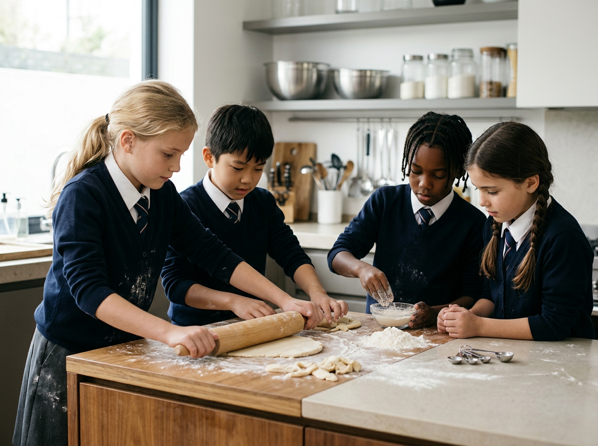 Four school children in navy uniforms preparing dough on a kitchen counter, with bowls and baking tools around them.