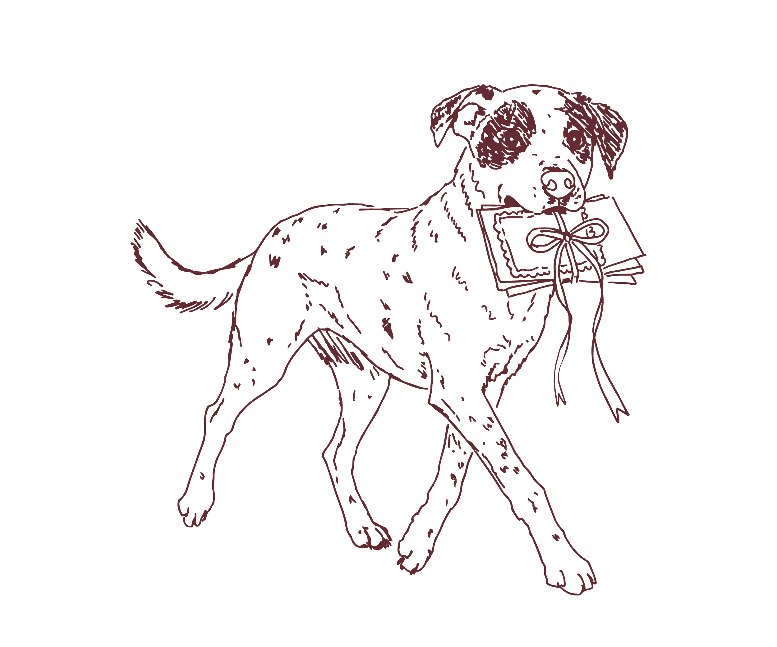 Line drawing of a dog carrying a wrapped gift box in its mouth, set against a black background.