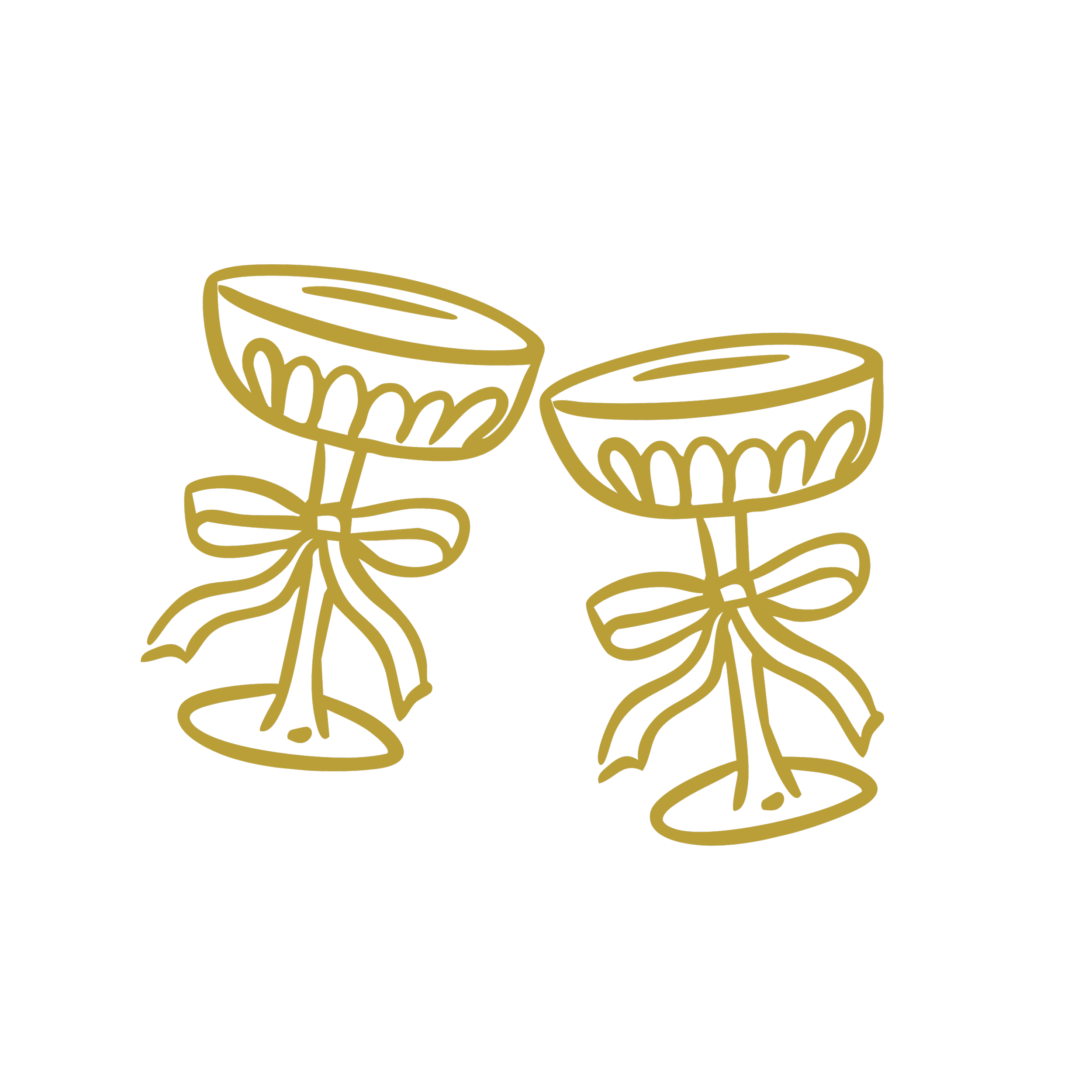 Gold outline drawing of two cupcakes with decorative icing and bows on a black background