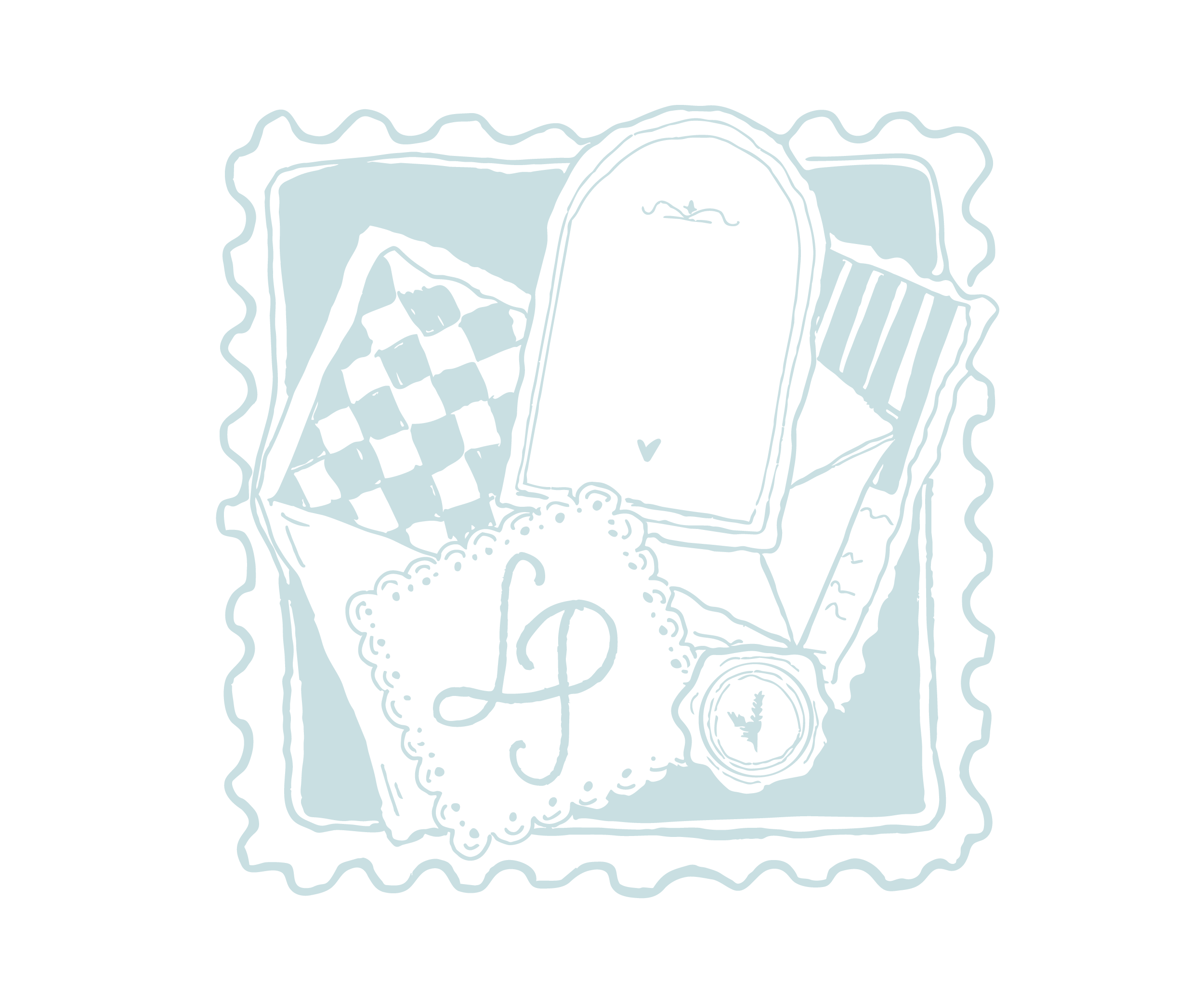 A black and white line drawing of a mirror with a decorative frame, showing an image of a person standing with arms raised, surrounded by a symmetrical ornate design.