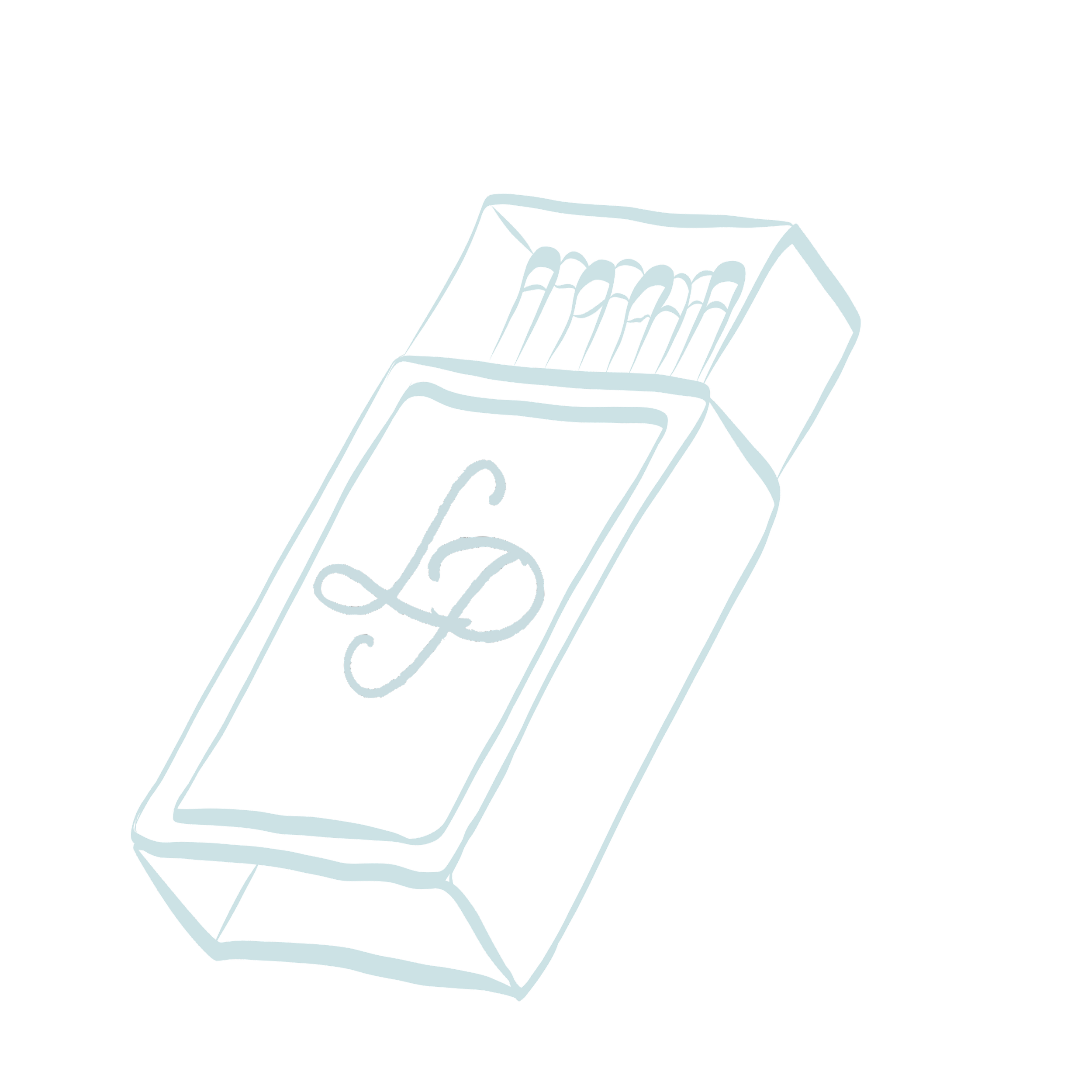 A white outline drawing of an open matchbox with matchsticks inside on a black background.