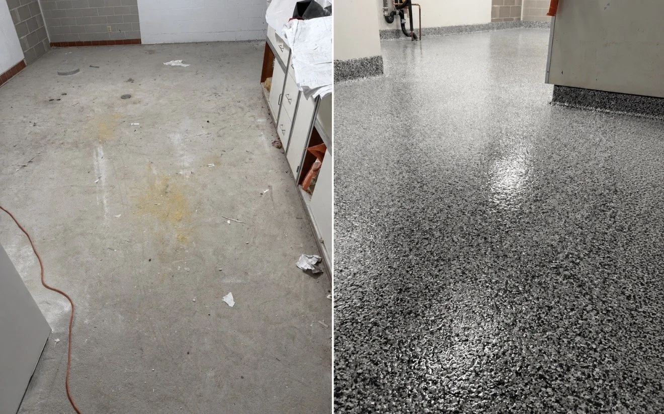 Comparison of a dirty, dusty, and unfinished floor on the left with a clean epoxy finished floor on the right.