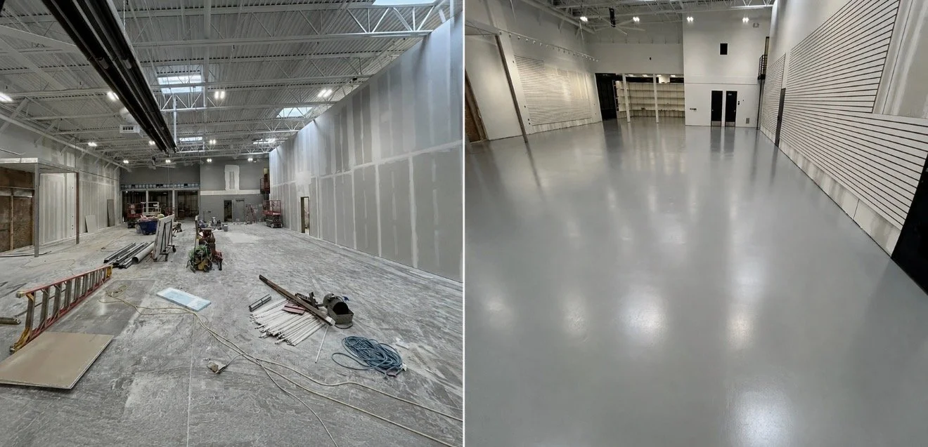 Comparison of a large indoor construction site before and after completion, showing unfinished space with construction materials on the left and finished, epoxy floor on the right.