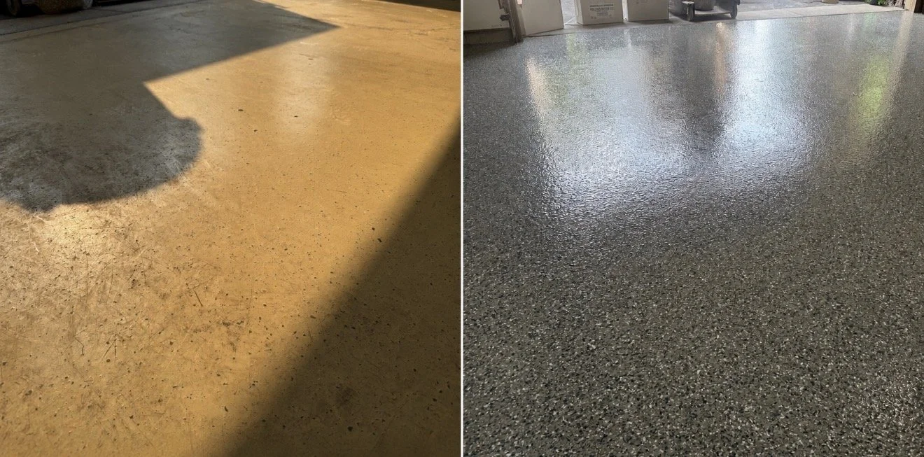 Comparison of concrete floors: left side shows a rough, tan-colored concrete with cracks and dirt; right side shows a smooth, gray, epoxy concrete floor with a reflective surface.