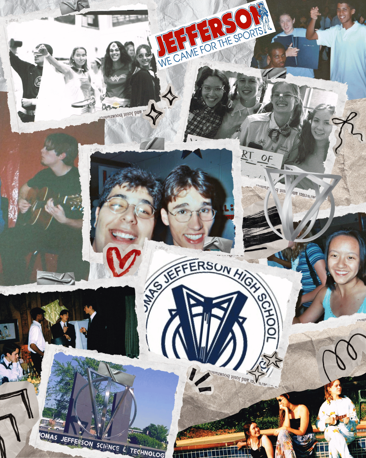Collage in black & white and color of Thomas Jefferson Science & Technology Class of 2001 students at school events and sitting in the hallways with logos and hand drawn graphics dispersed throughout collage.