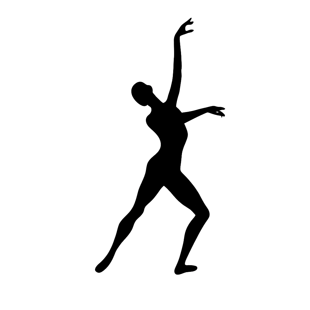 Outline of a person dancing or performing a pose with one arm raised and one leg bent.