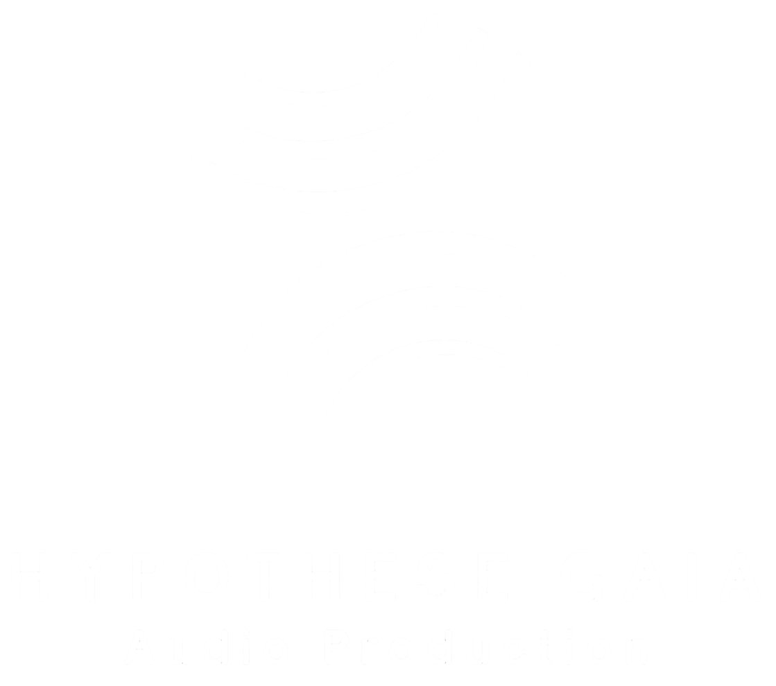 Logo noir et blanc avec des formes semi-circulaires et le texte 'HYPOTHESE GAIA Audio Production'.