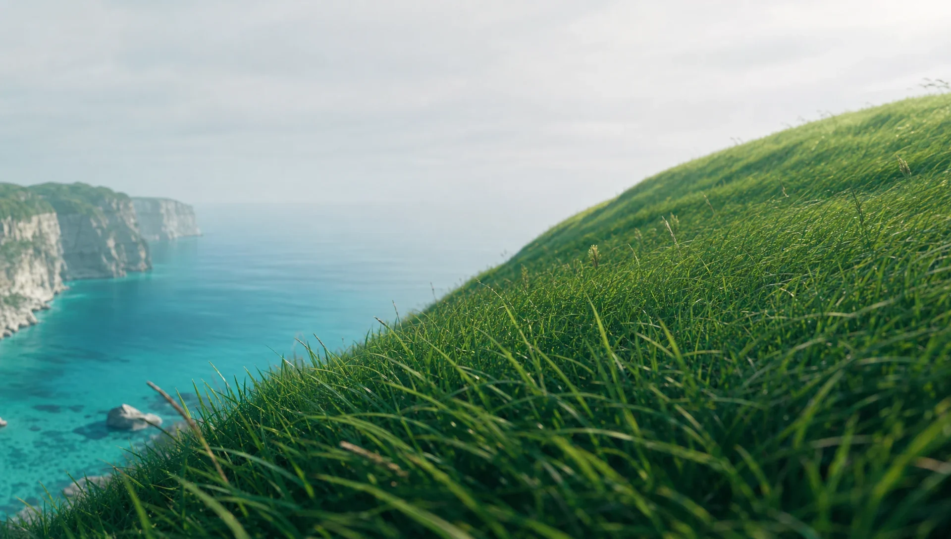 A quiet green coast with tall grass beneath an overcast sky.
