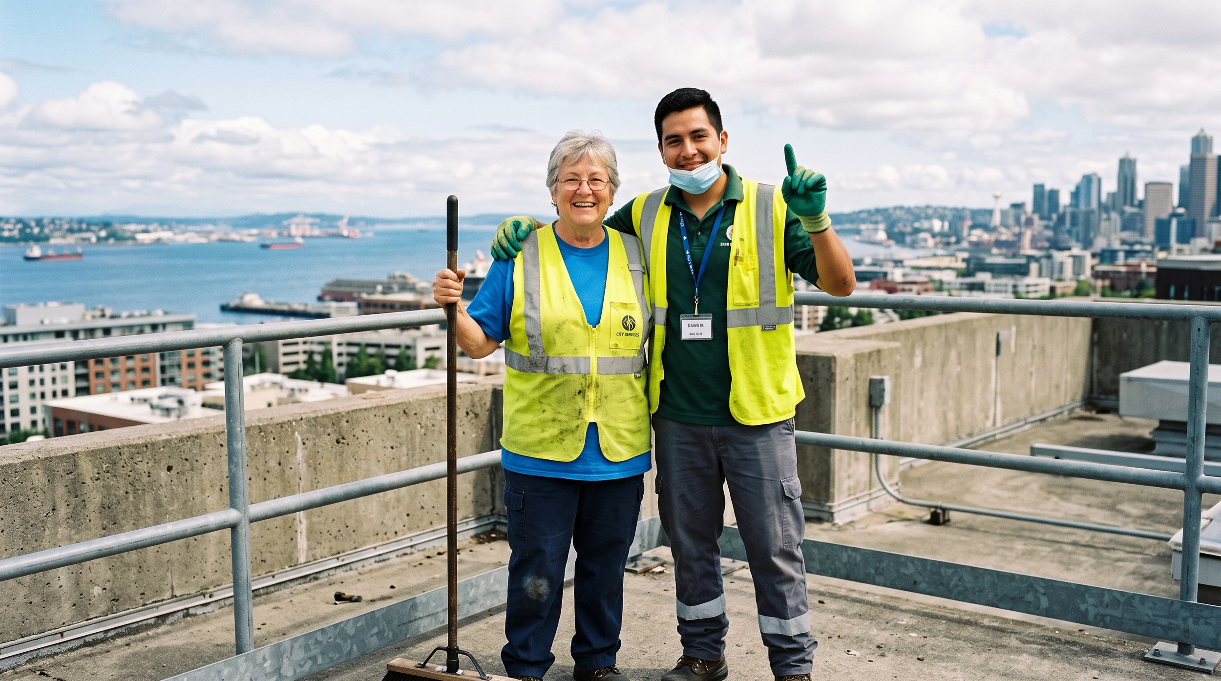 Two city workers, an older woman and a younger man, standing on a rooftop with city skyline and waterfront in the background. Both wearing high-visibility vests and gloves, smiling at the camera. The woman holds a broom, the man wears a face mask and has his finger raised.