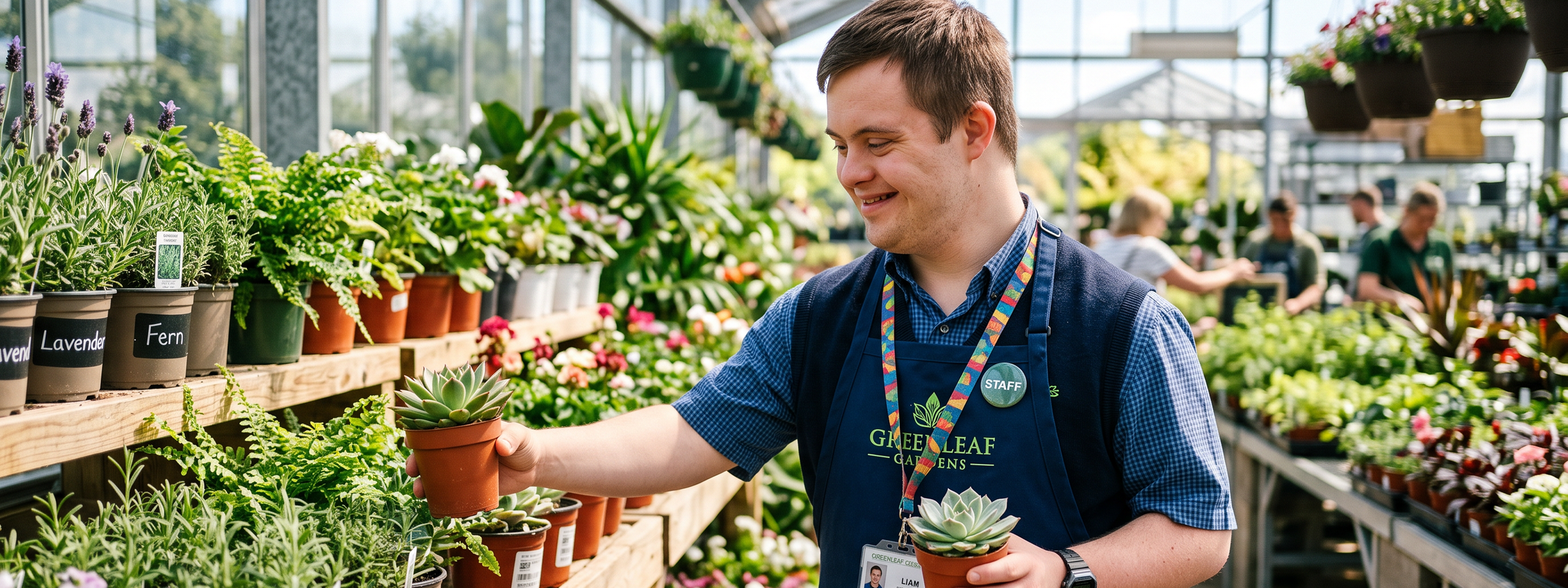 A young male plant store employee smiling while holding potted succulent plants in a greenhouse filled with various potted plants and flowers.