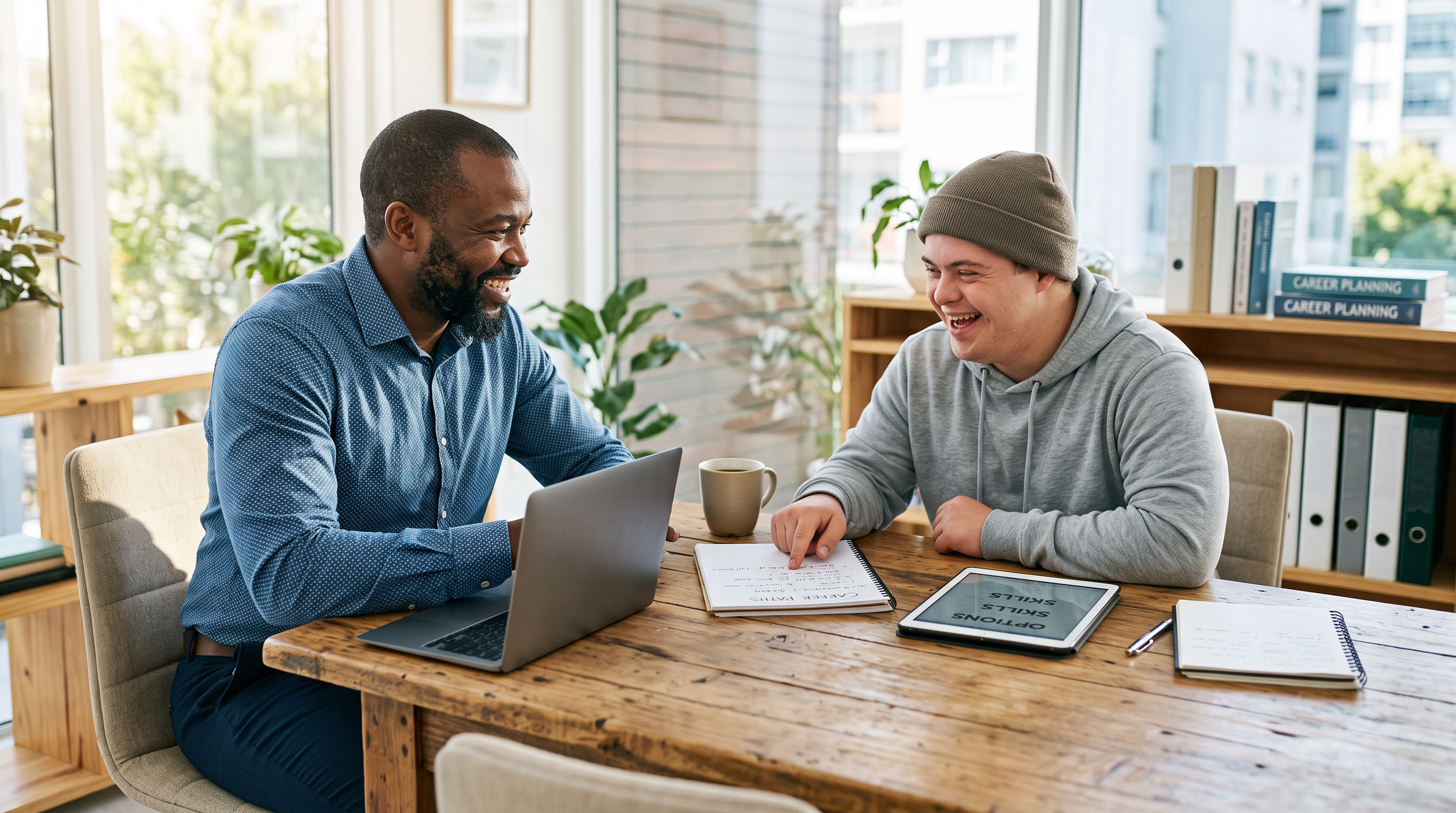 Two men sitting at a wooden table, smiling and laughing during a discussion. One man is wearing a blue shirt, and the other a gray hoodie and beanie. They have a laptop, tablet, notebook, and coffee mugs on the table. Behind them, windows and bookshelves with binders labeled 'Career Planning' are visible.