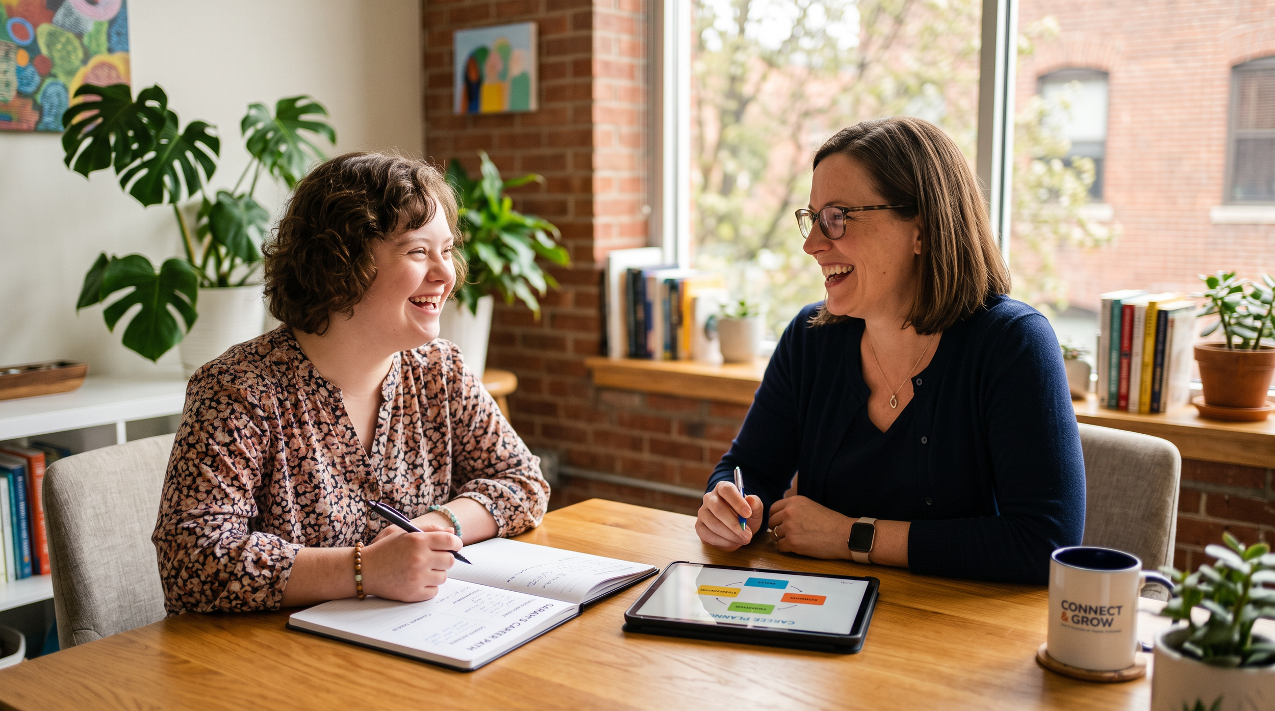 A young woman and an older woman are sitting at a wooden table, smiling and talking. The young woman is writing in a notebook while the older woman holds a pen. There are books, a tablet, and a coffee mug on the table. The room has a large window with a view of trees outside, indoor plants, and colorful artwork on the walls.
