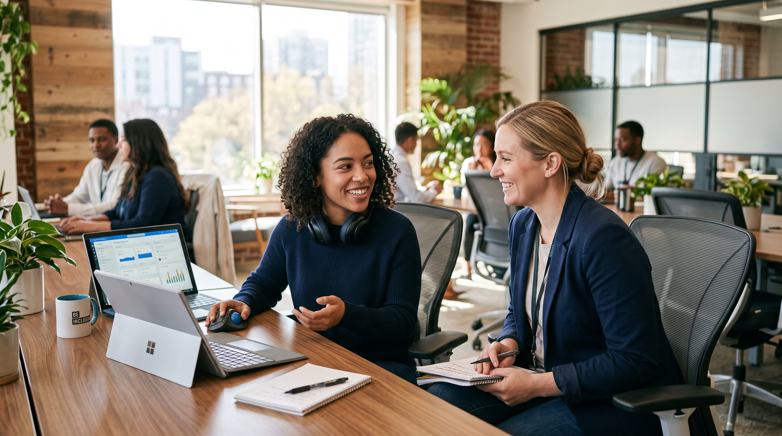 Two women are smiling and talking at a desk in an open office, with other colleagues working in the background. One woman has curly hair and headphones around her neck, while the other has blonde hair tied back. There are plants and large windows letting in natural light.