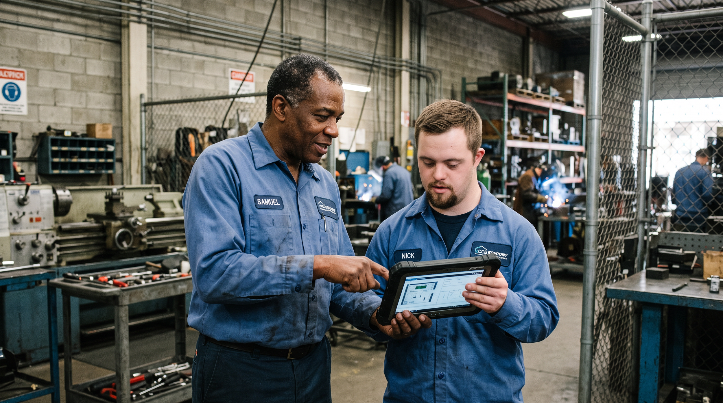 Two male workers in blue uniforms inspecting a tablet in a workshop, with tools and shelves in the background.