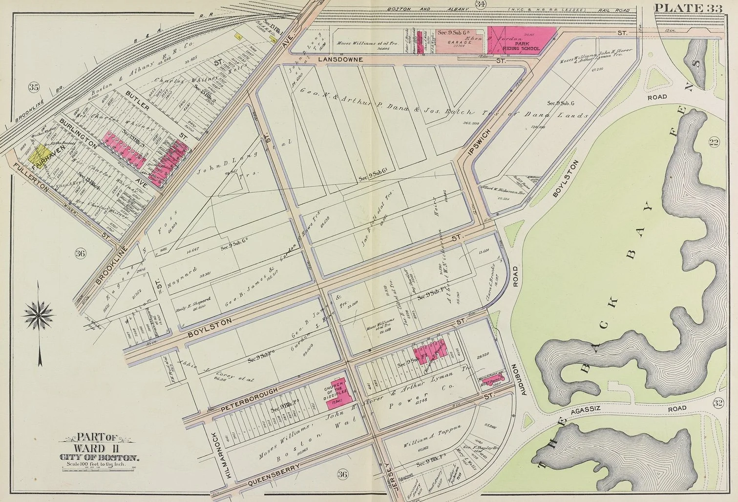Historical map of part of Ward II in Boston, showing streets such as Albany Avenue, Butler Street, Burlington Street, and Boylston Street. The map highlights parks, lakes, and various land plots, including a riding school, garage, church, and other buildings, with pink indicating specific structures.