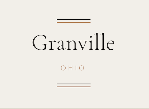 Graphic design featuring the words "Granville, Ohio" with decorative lines above and below, on a light beige background.