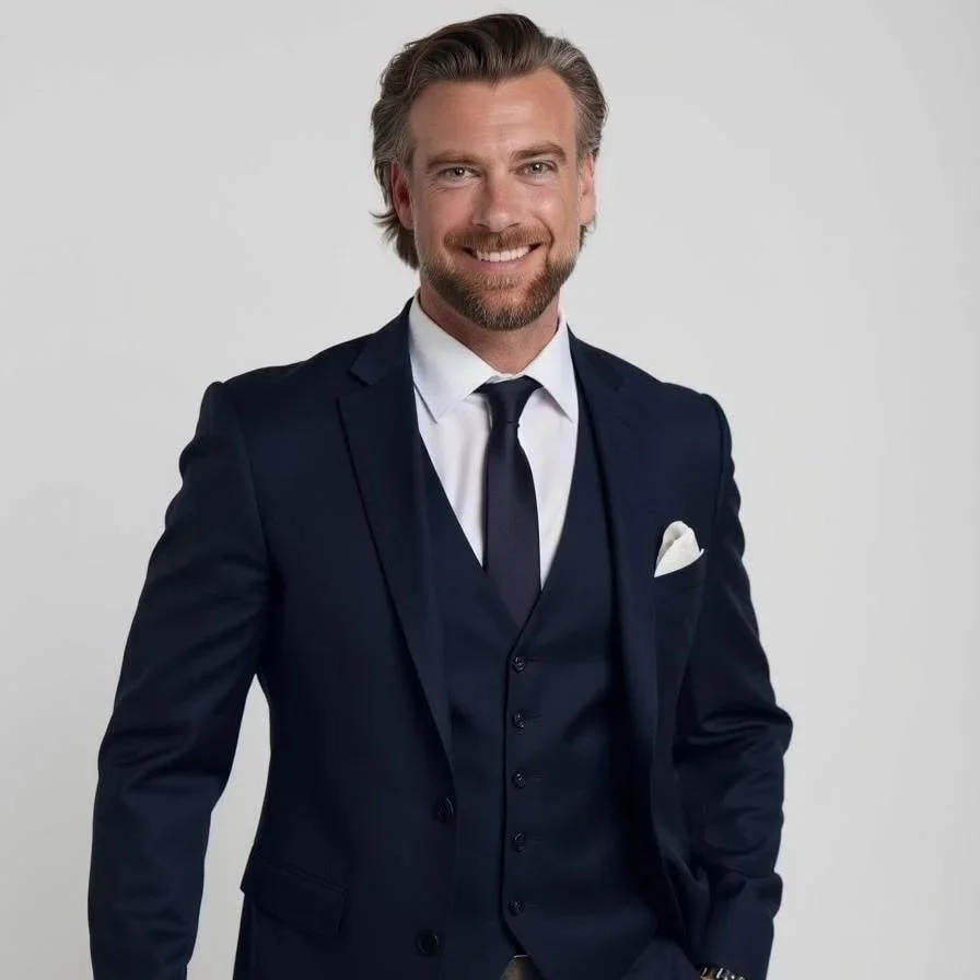 A smiling man with gray hair and a beard wearing a dark navy suit, white dress shirt, navy tie, and a white pocket square, standing against a plain light gray background.