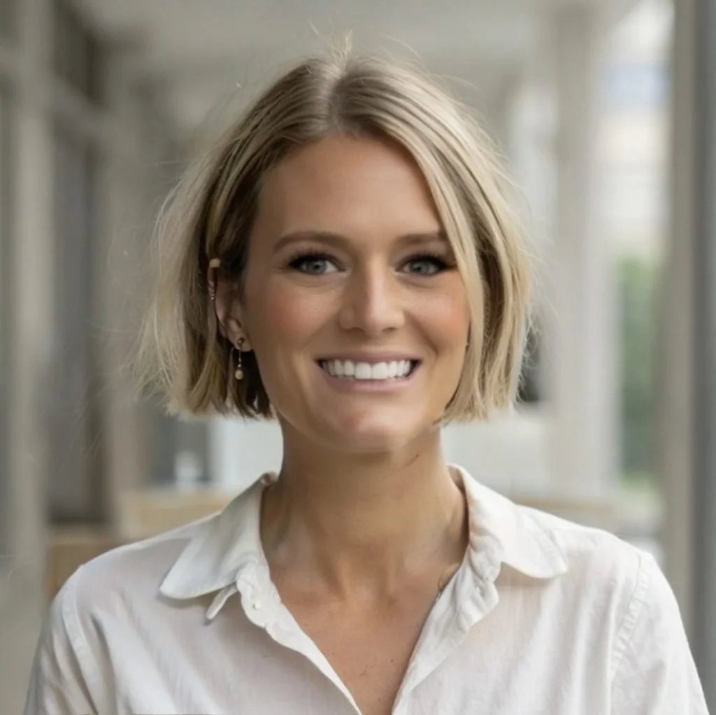 A woman with short blonde hair, wearing earrings and a white shirt, smiling in a well-lit indoor space.