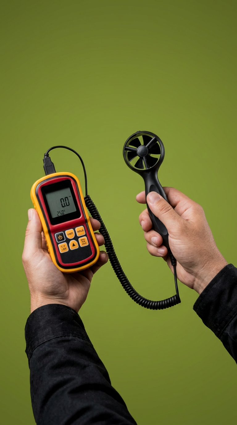 Person holding an anemometer and a digital temperature and humidity meter against a green background.