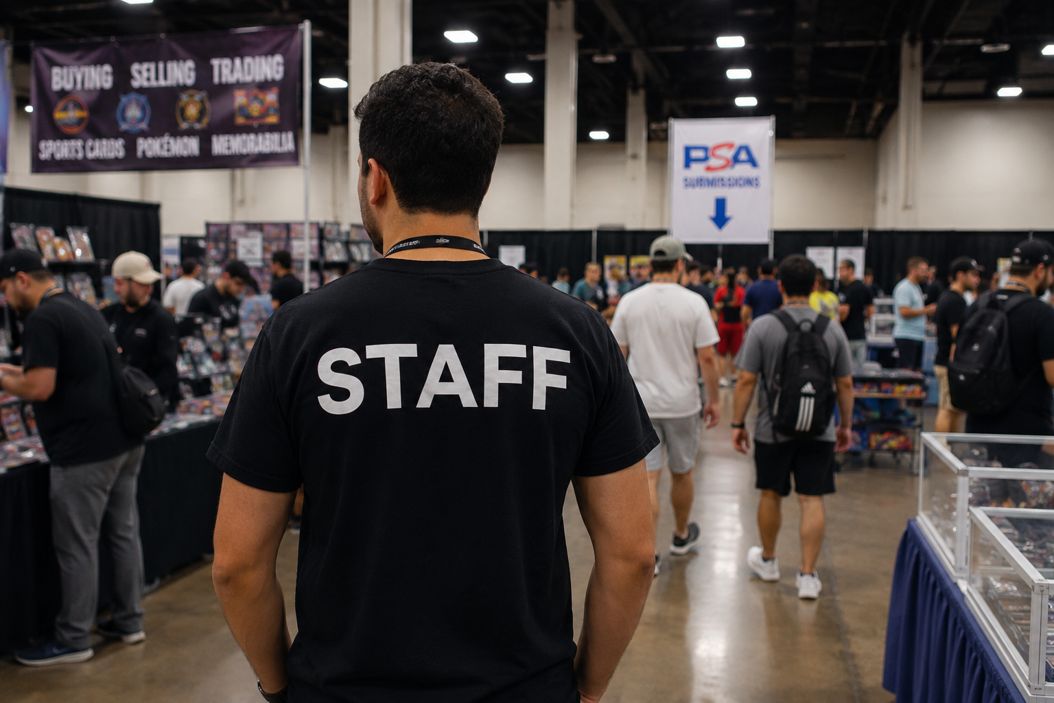 A person wearing a black staff shirt stands in a crowded convention or trade show with booths and signs, including a banner for buying, selling, and trading collectibles such as sports cards, Pokémon, and memorabilia.