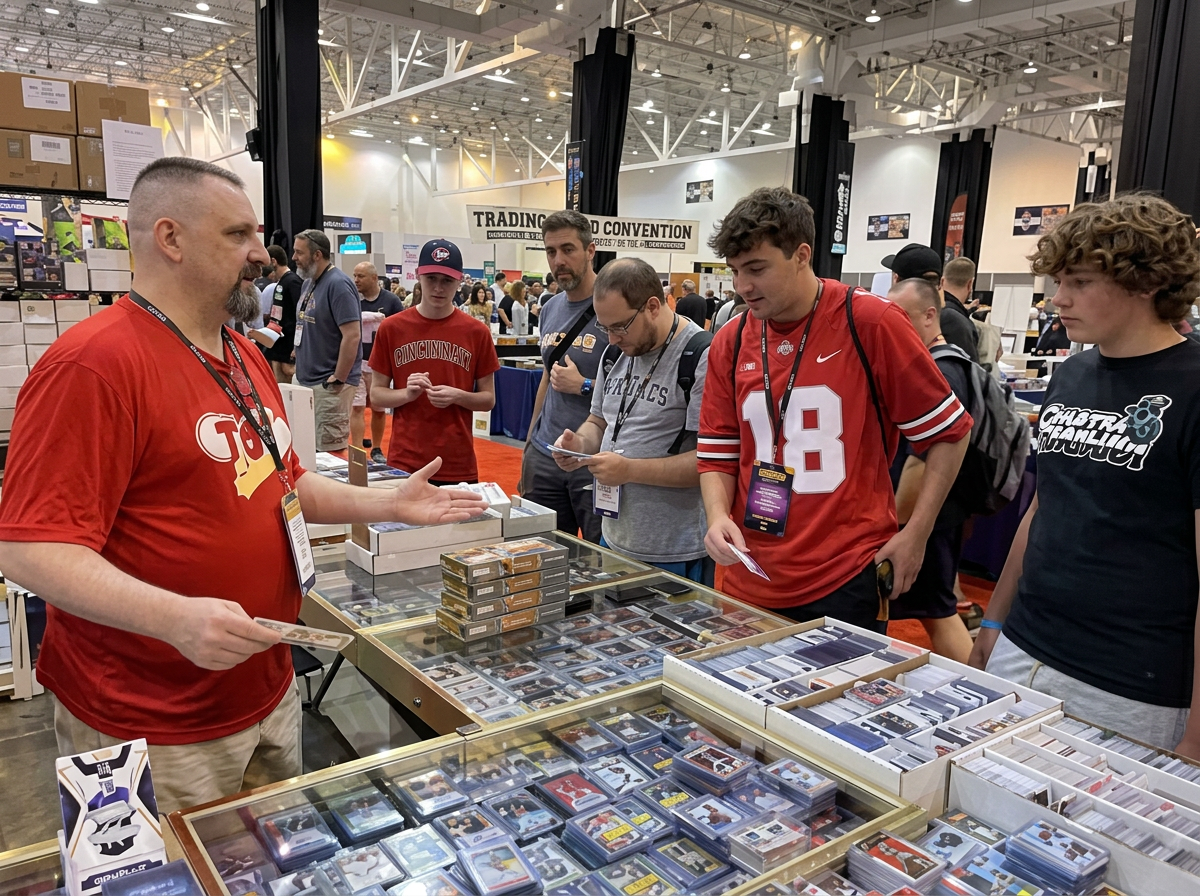 A man wearing a red shirt is talking to a group of young men at a table filled with trading cards in an indoor convention hall.