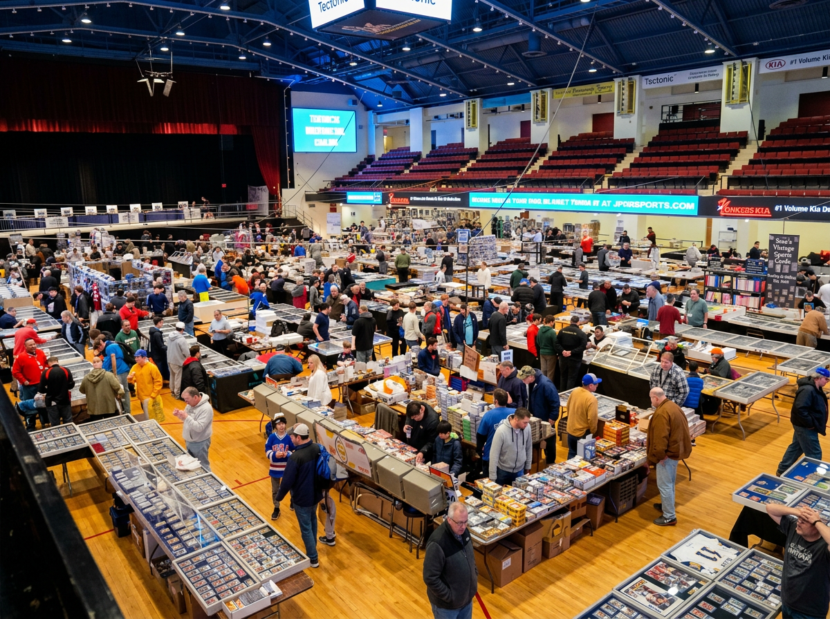 Large indoor card show or trading card event with numerous tables displaying collectible cards and memorabilia, crowded with attendees browsing and shopping.