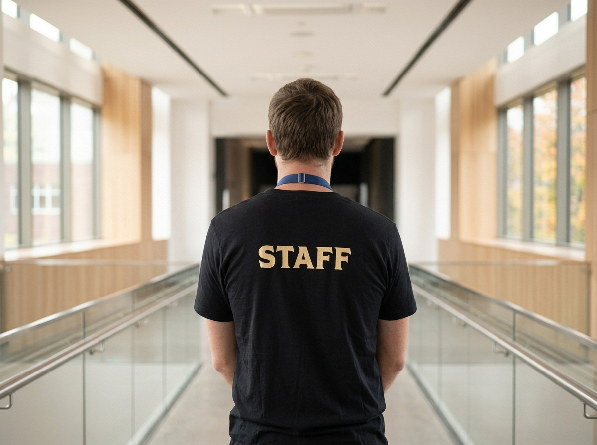 A male staff member standing in a modern, well-lit corridor with large windows, facing away from the camera.
