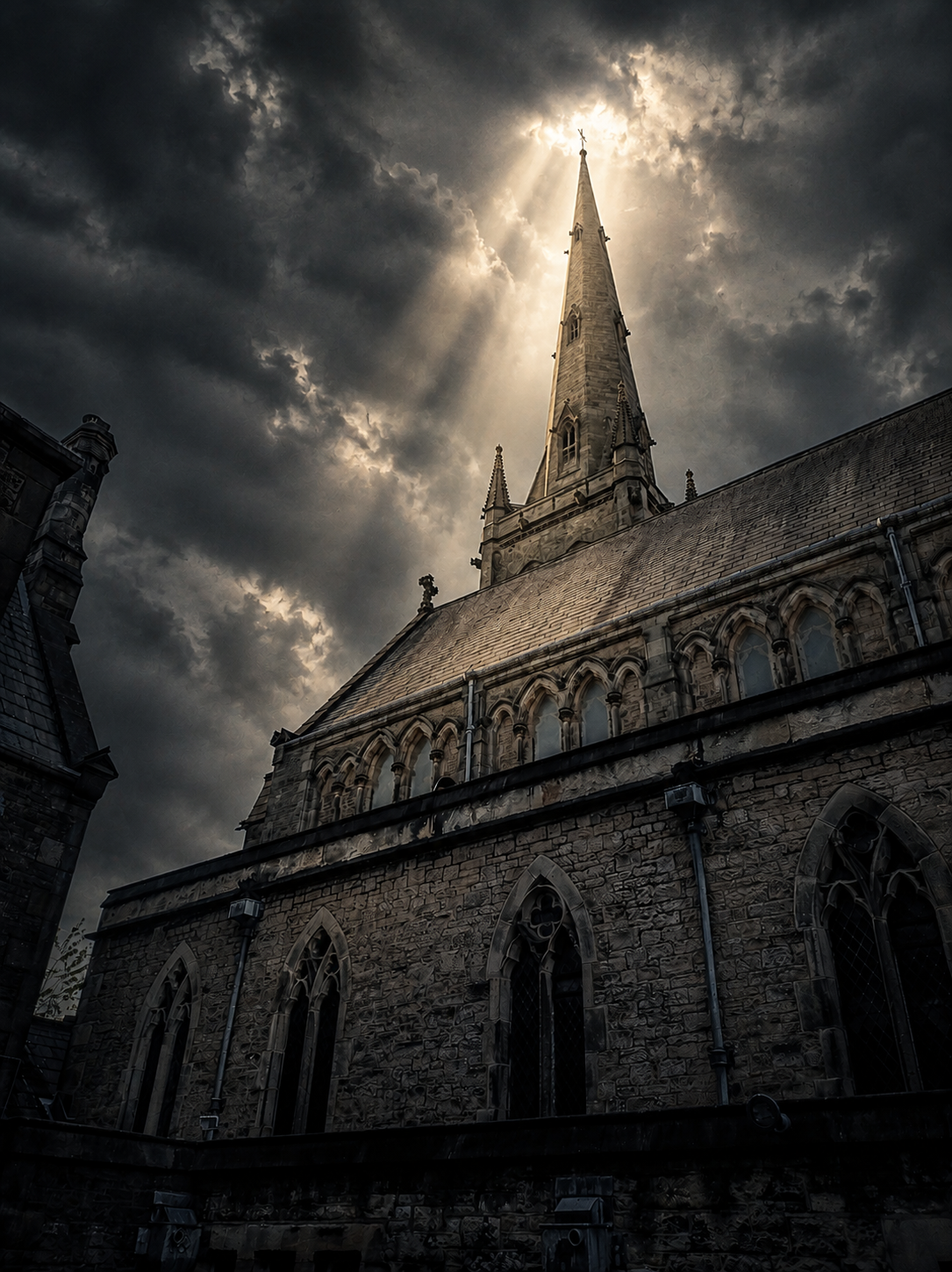 View of a church with tall steeple under a cloudy sky with sunlight breaking through