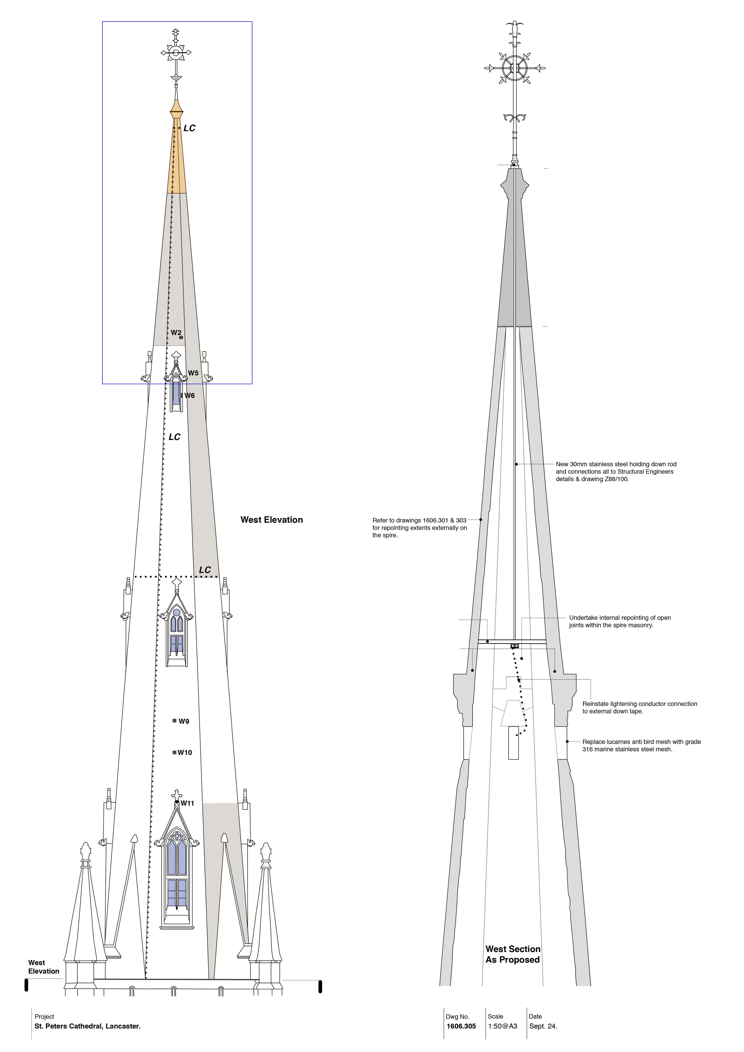 Architectural drawing of the west elevation of St. Peter's Cathedral in Lancaster, showing detailed spire construction and design.