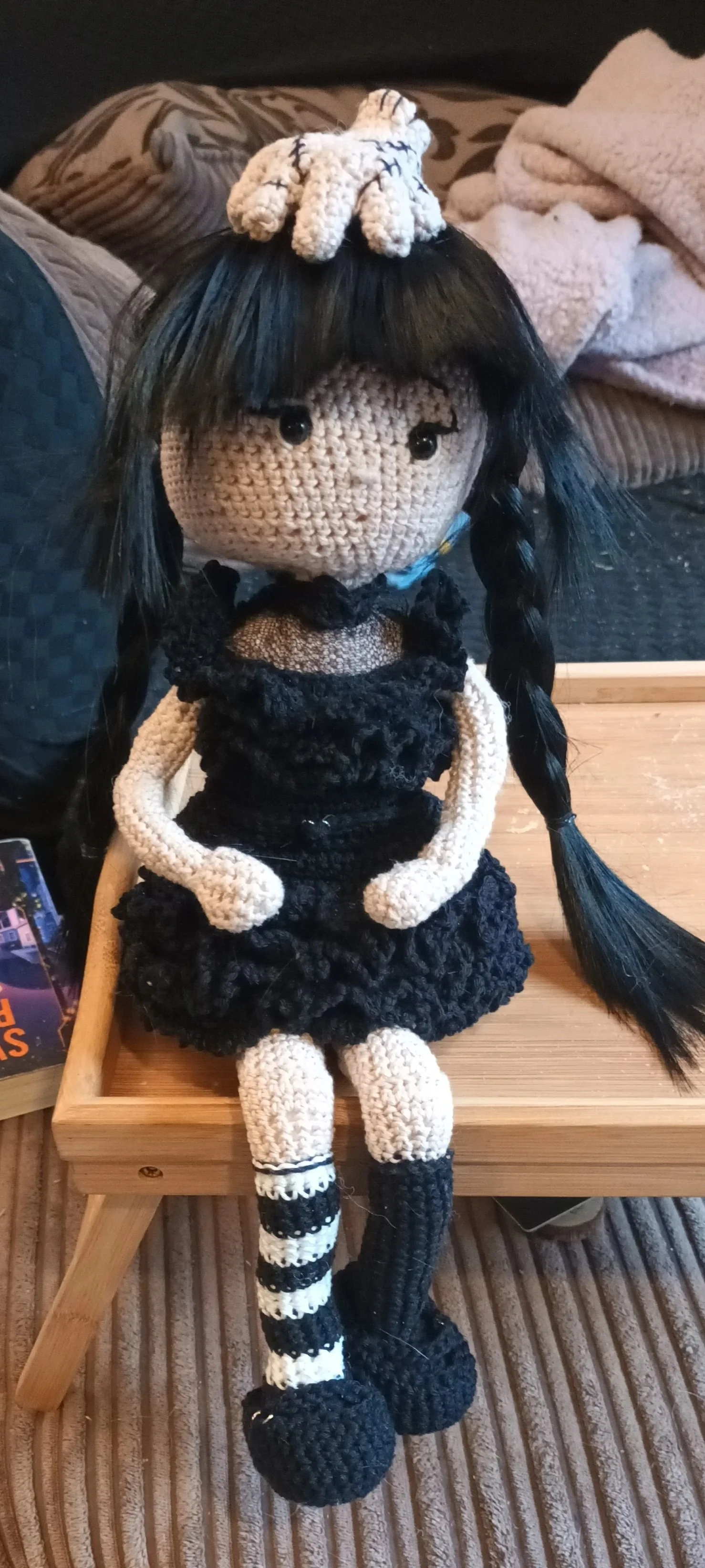 Crochet 'Wednesday' from Addams family, fully posable.