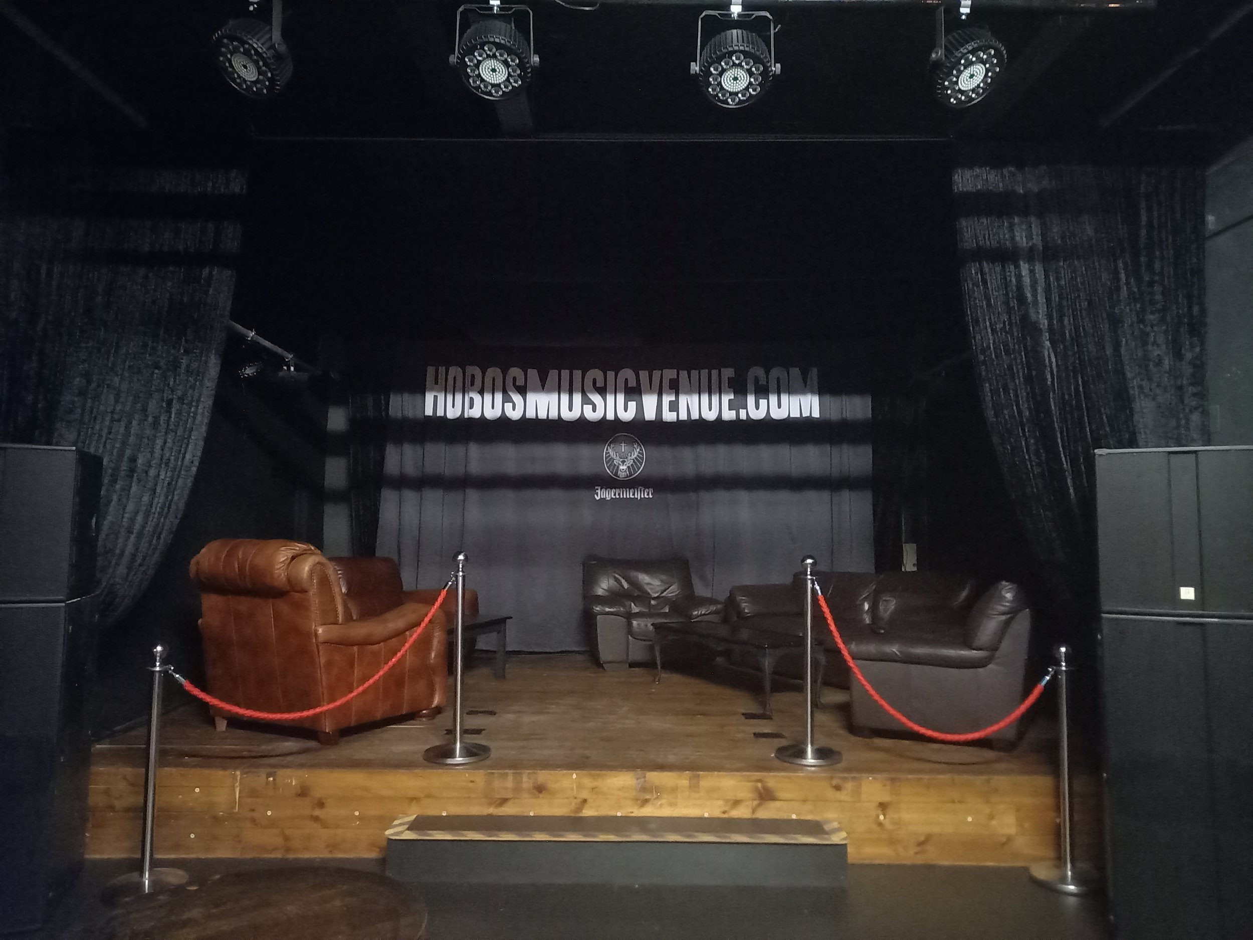 Crushed velvet curtains at hobos music venue