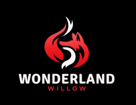 Logo with a stylized red and white fox head and flames, with the text "WONDERLAND WILLOW" below, on a black background.