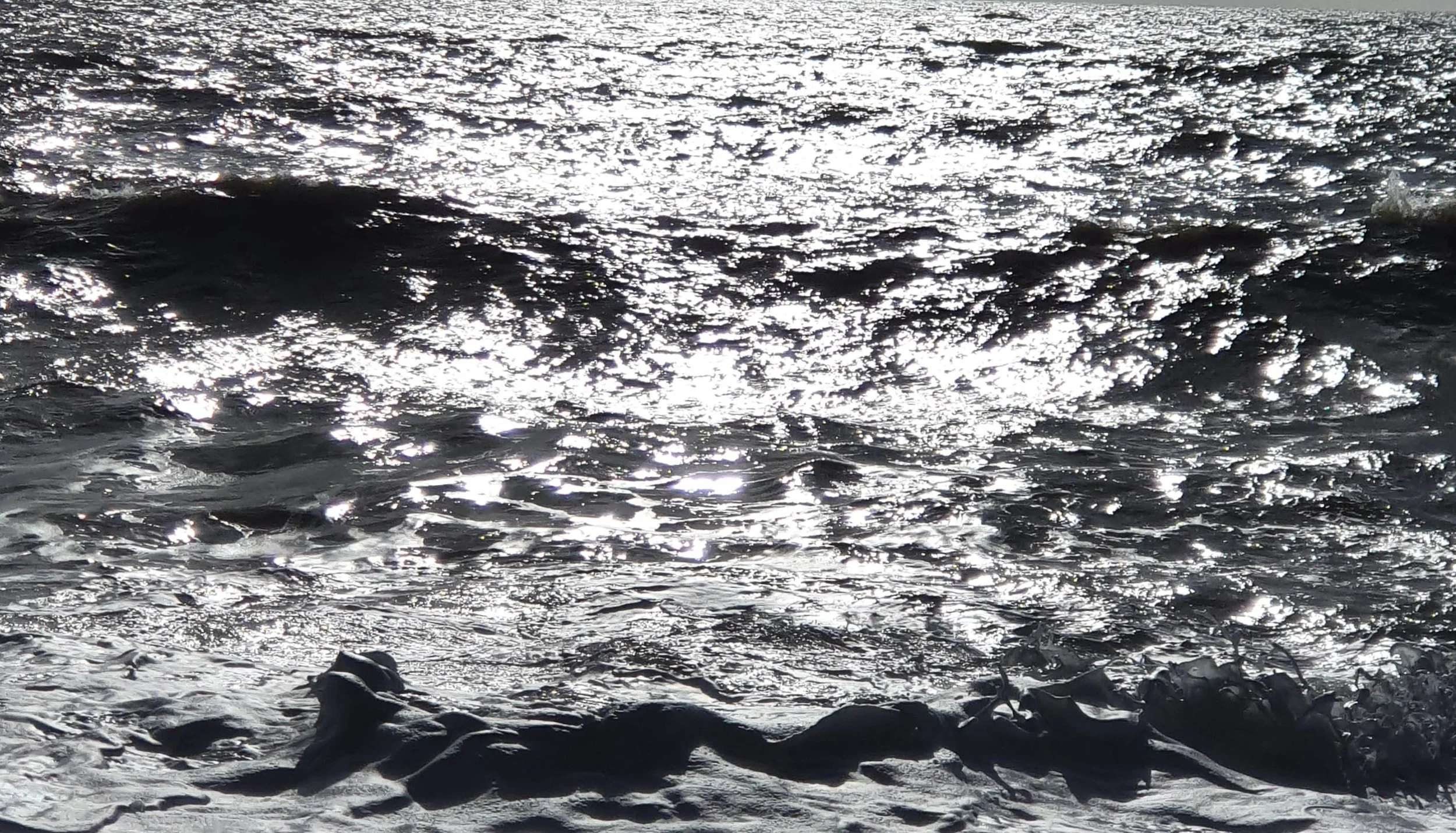 sunlit ocean water with waves breaking near rocks at the shoreline, coastal imagery for AbeySea