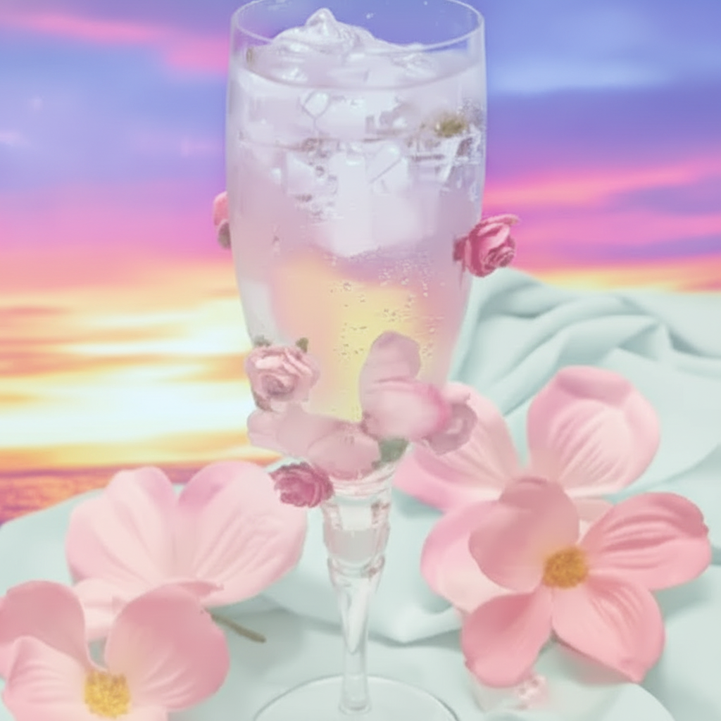 A glass of clear fizzy beverage with ice cubes, decorated with pink flowers, placed on a light blue surface with more pink flowers around, against a colorful sunset background with pink, purple, and blue skies.