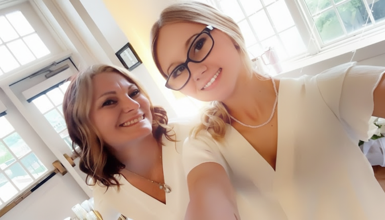 Two smiling women taking a selfie indoors near large windows with natural light.
