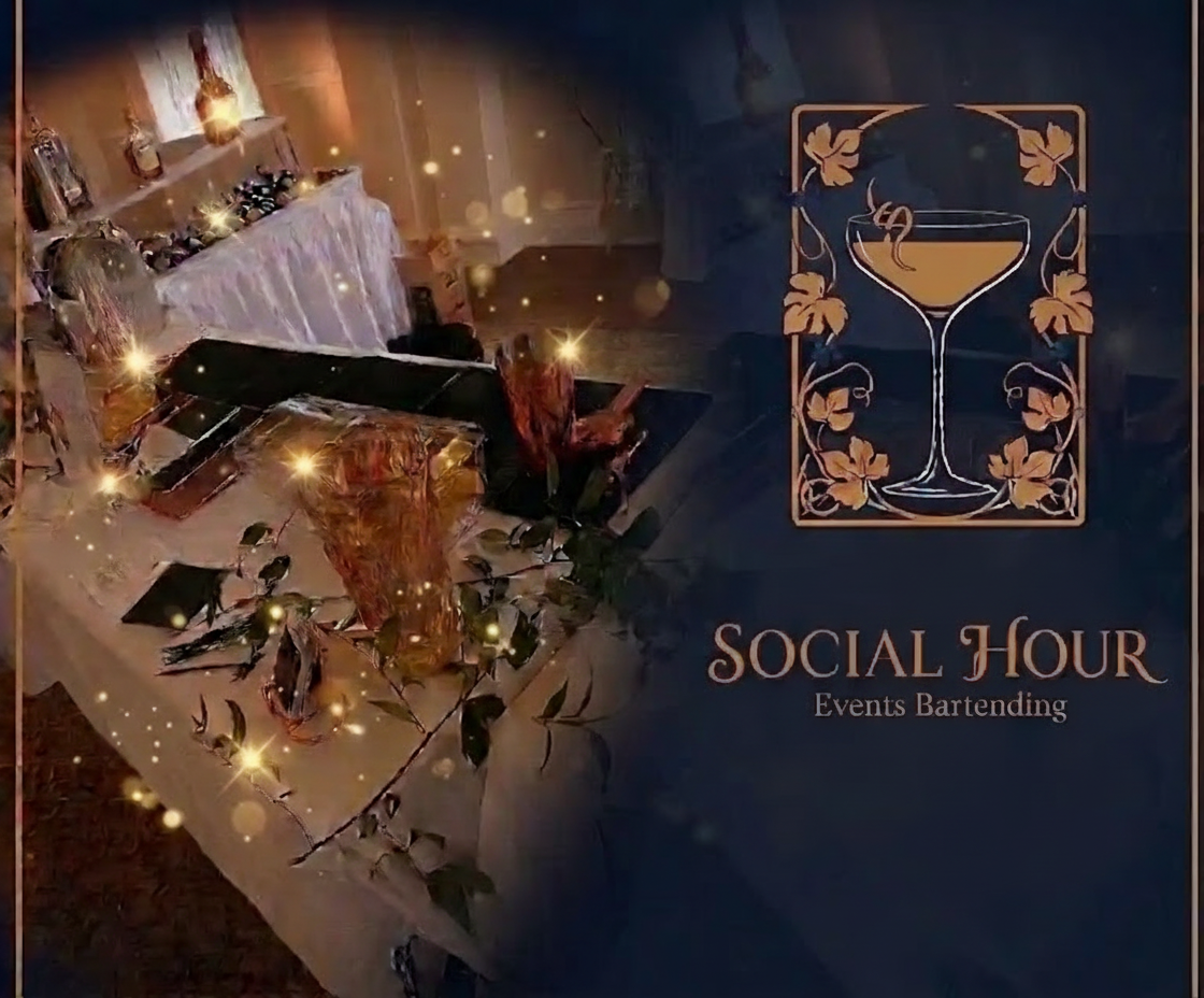 A table decorated with flowers, candles, and glassware, with an overlay logo that says "Social Hour Events Bartending" featuring a cocktail glass surrounded by leaves.