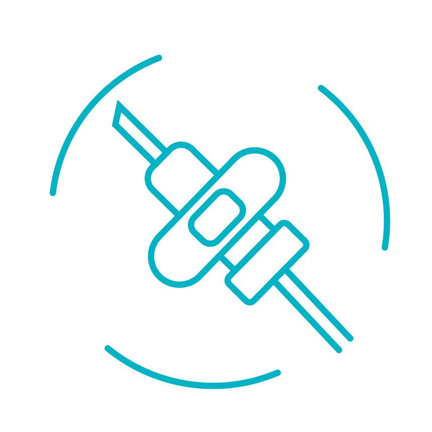 Symbol für eine Impfung oder Injektion, dargestellt durch eine einfache blauer Linie eines Nadels und einer Spritze auf weißem Hintergrund, umgeben von einem Kreis.