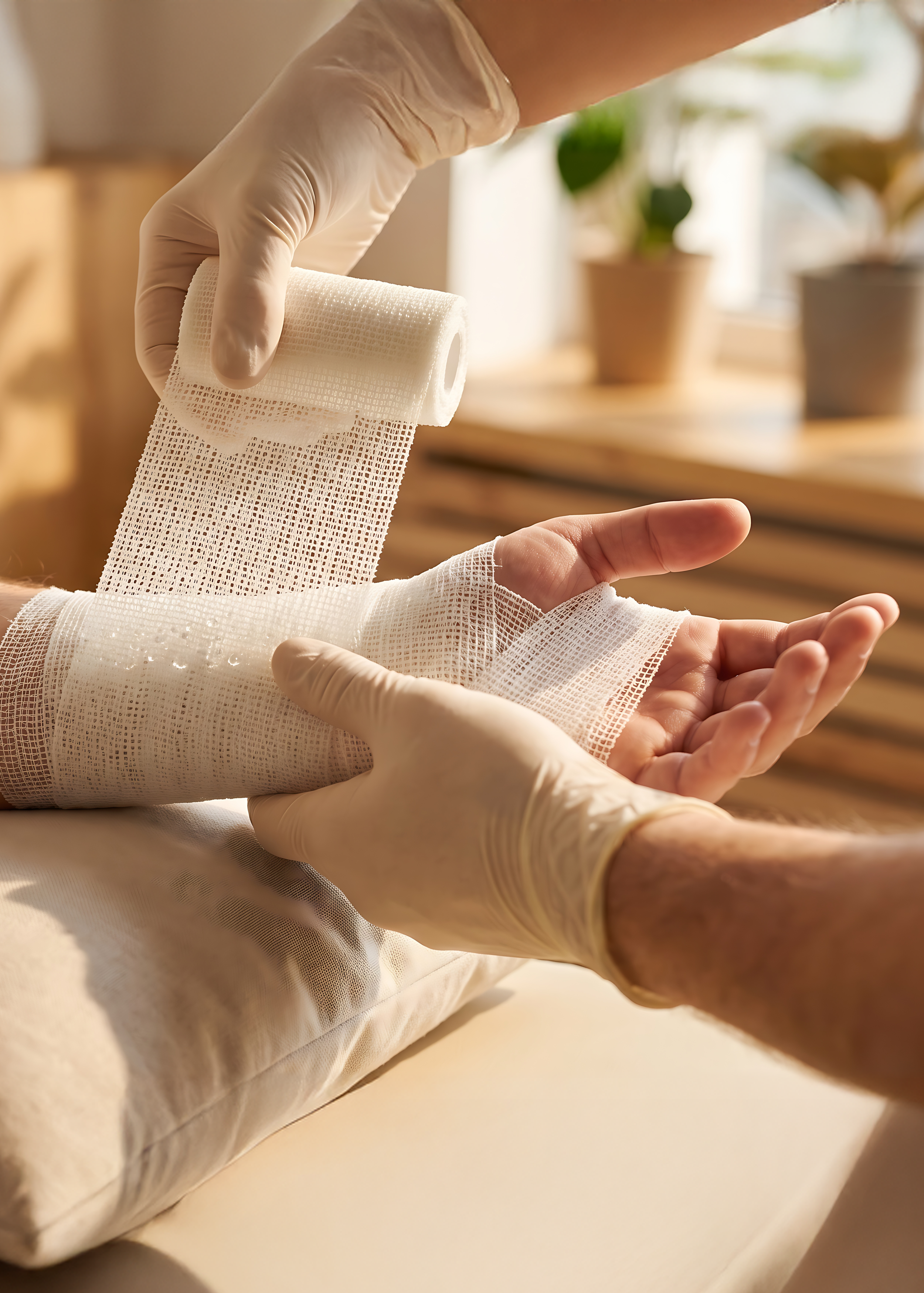 Eine Person legt einen Verband um das Handgelenk einer anderen Person.