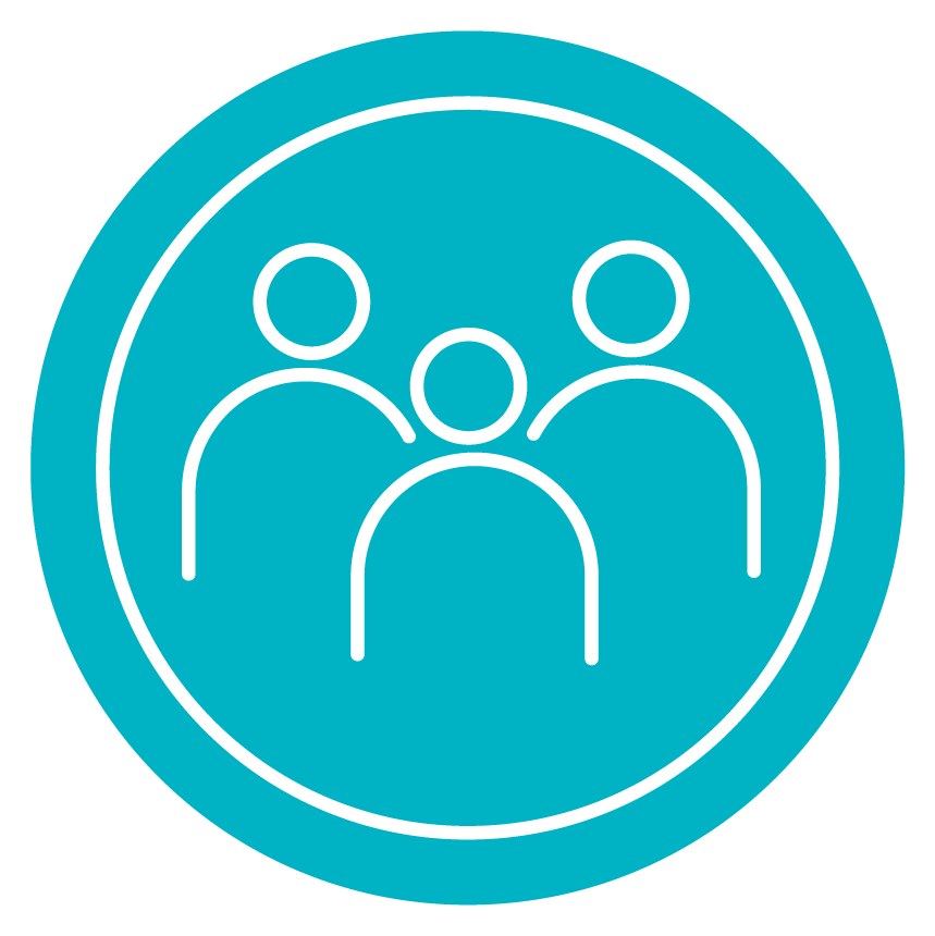 Symbol eines Teams oder einer Gruppe von drei Personen in einem blauen Kreis.