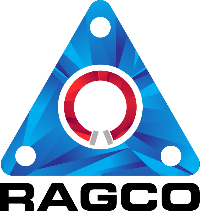 Triangular blue badge with a red and white circular emblem in the center, featuring three white dots at the corners.