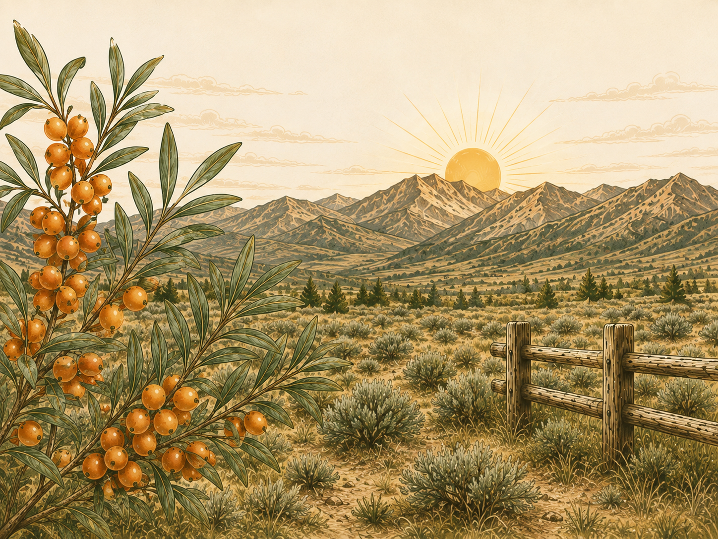 Sea buckthorn berries overlooking a sage-covered Utah ranch landscape with mountains and a split-rail fence at sunrise.