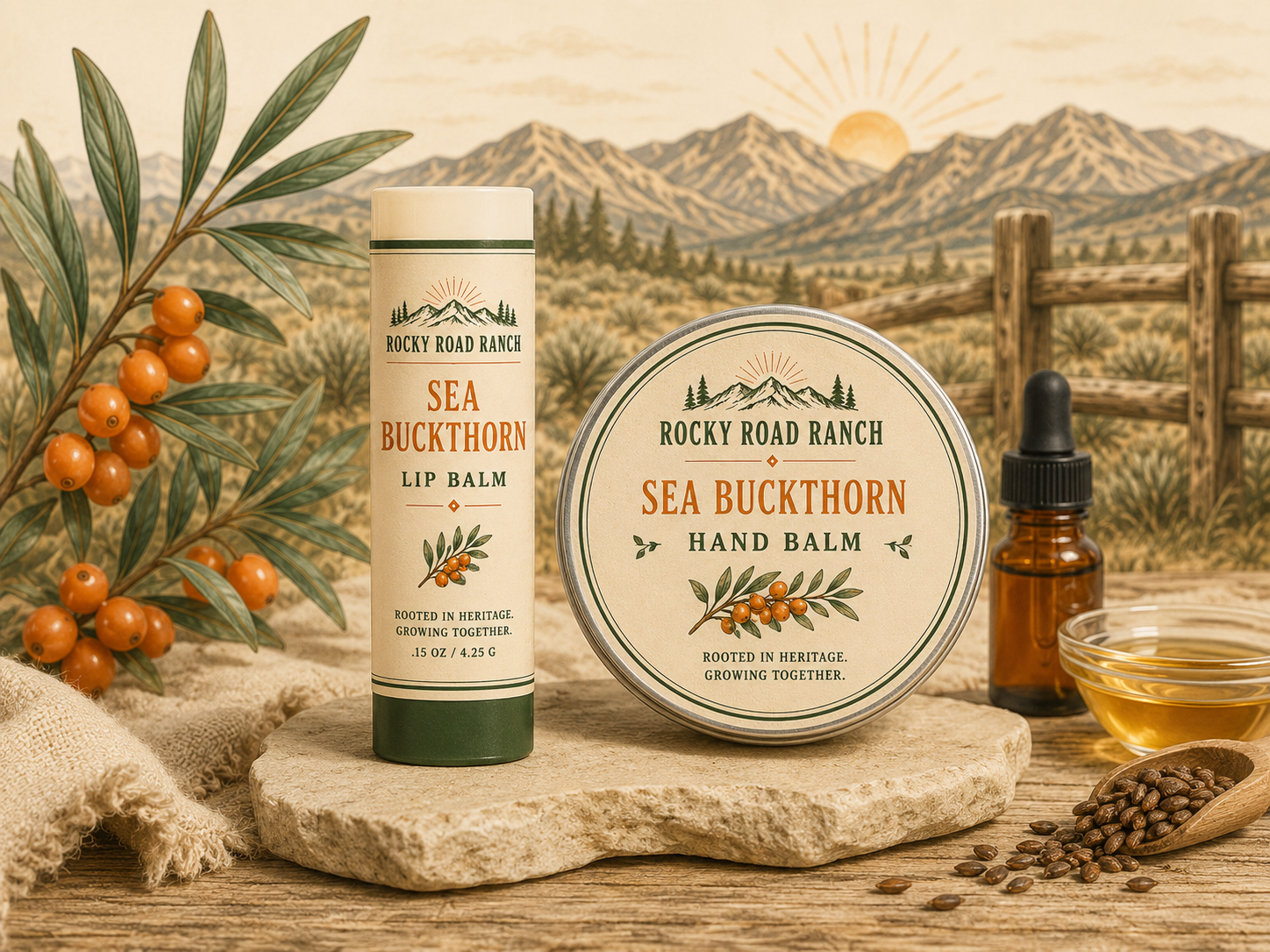 Rocky Road Ranch sea buckthorn lip balm and hand balm displayed with sea buckthorn berries and oils.