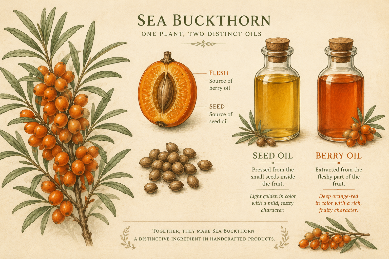 Sea buckthorn botanical illustration comparing seed oil and berry oil from the seeds and fleshy fruit.