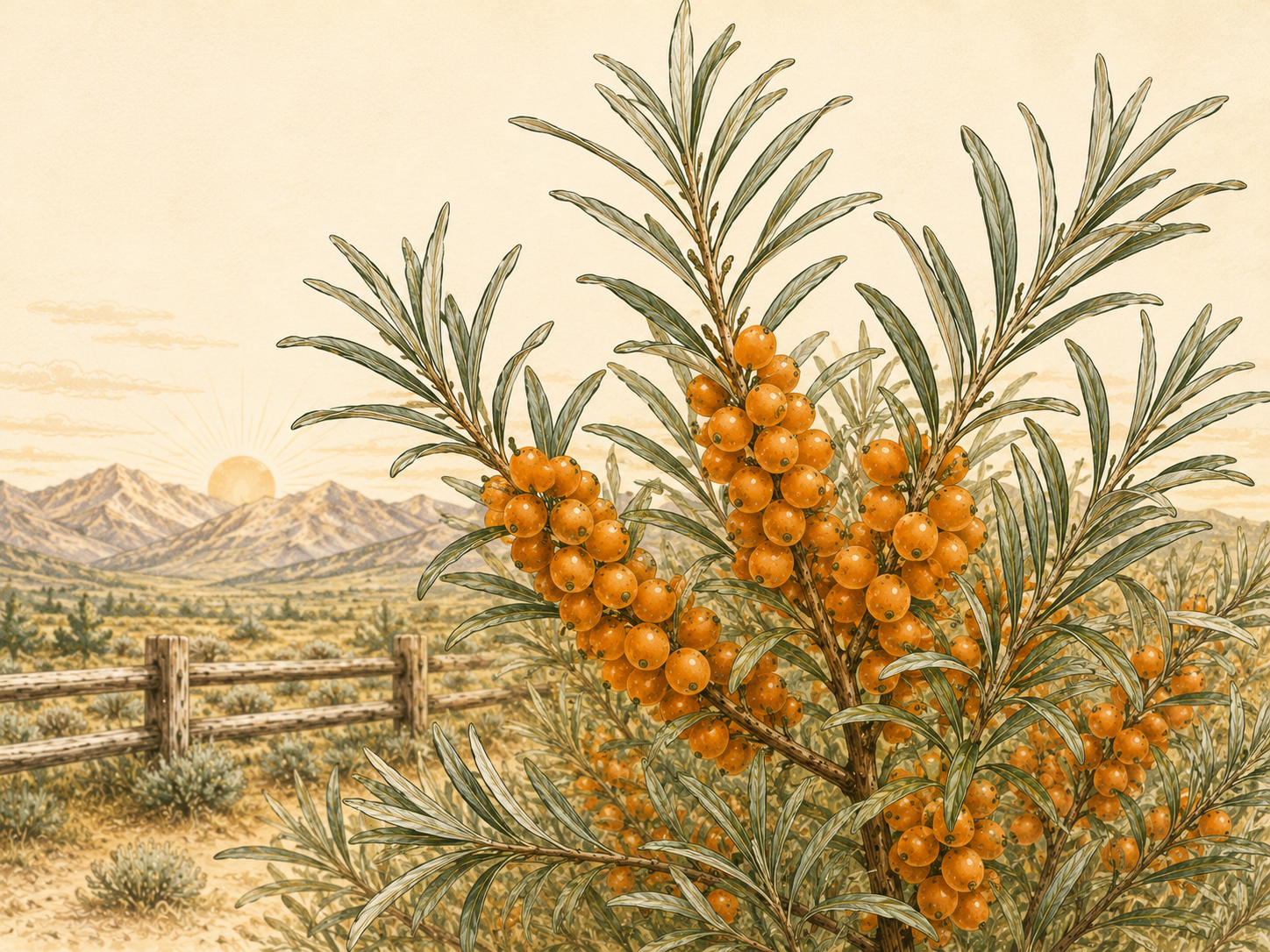 Mature sea buckthorn plant with narrow green leaves and clusters of orange berries in a high-desert ranch setting.