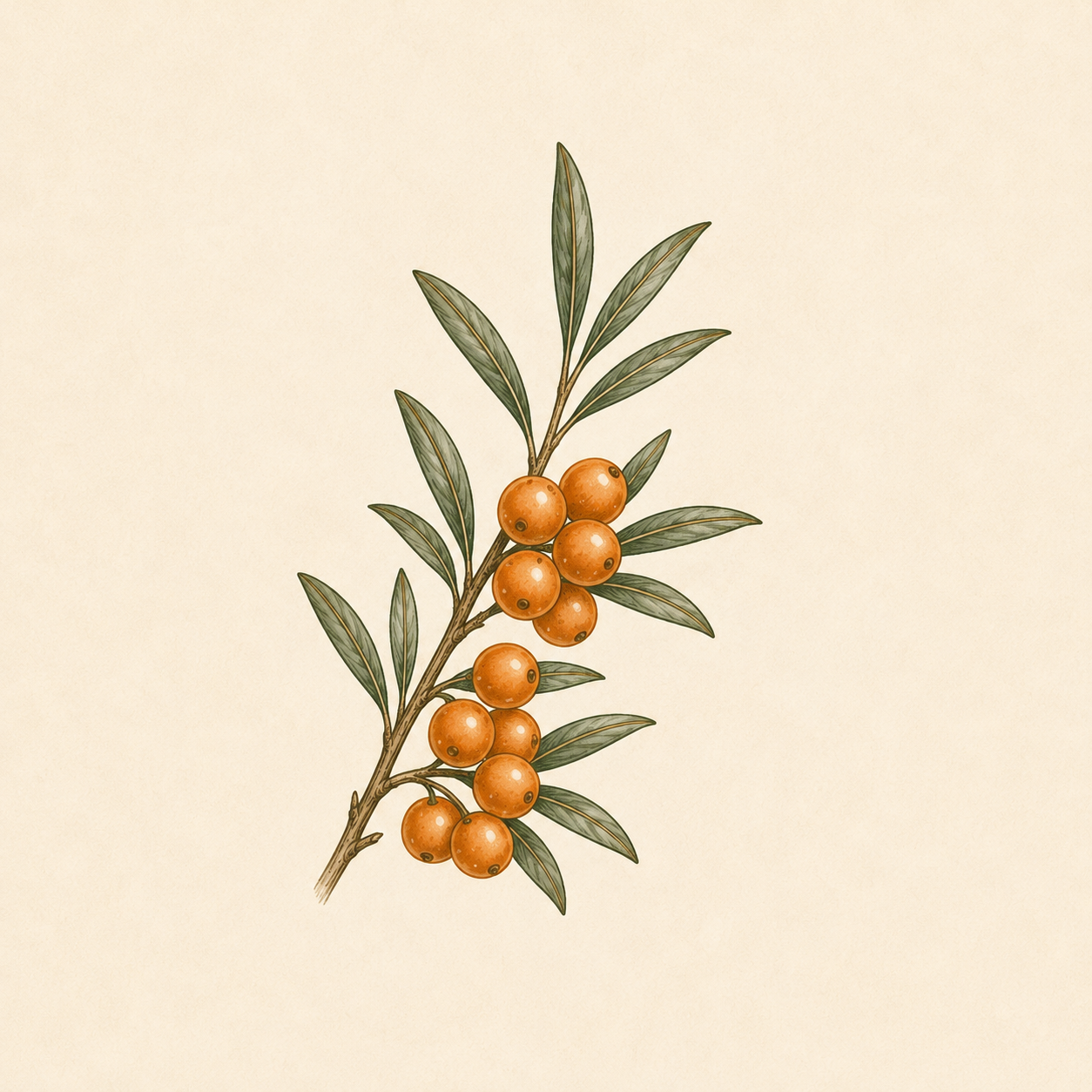 Illustration of a branch with green leaves and orange berries on a light background.