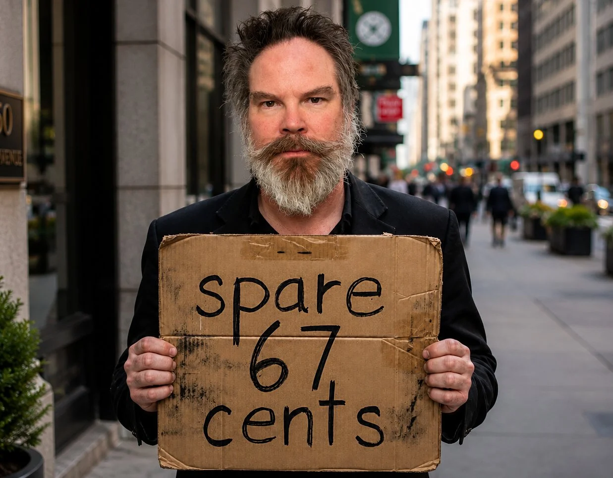 A man with a beard and mustache holding a cardboard sign that reads 'spare 67 cents' on a city sidewalk.